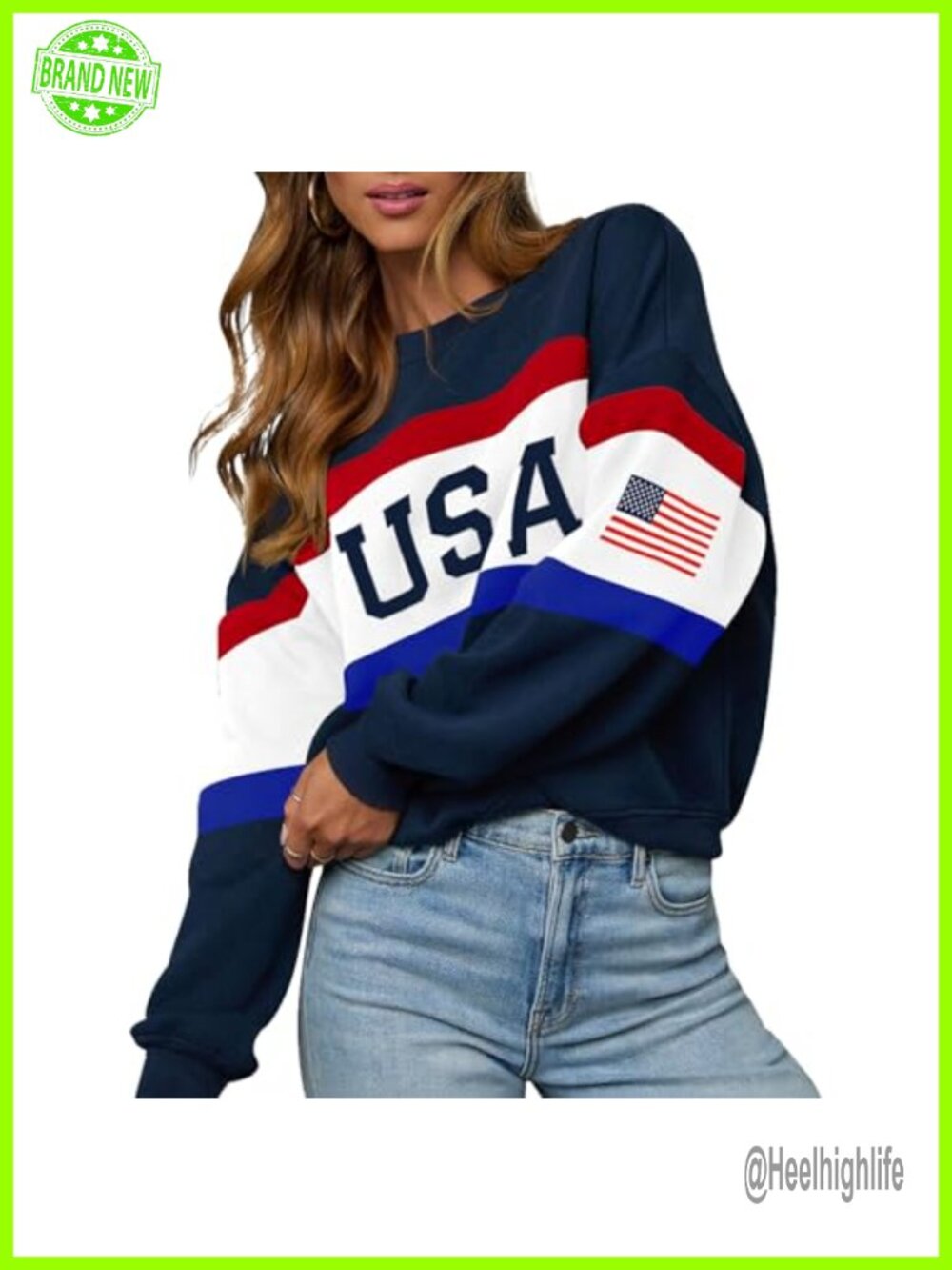 Womens USA Sweatshirt Long Sleeve Crewneck Flag Pullover Loose Fit